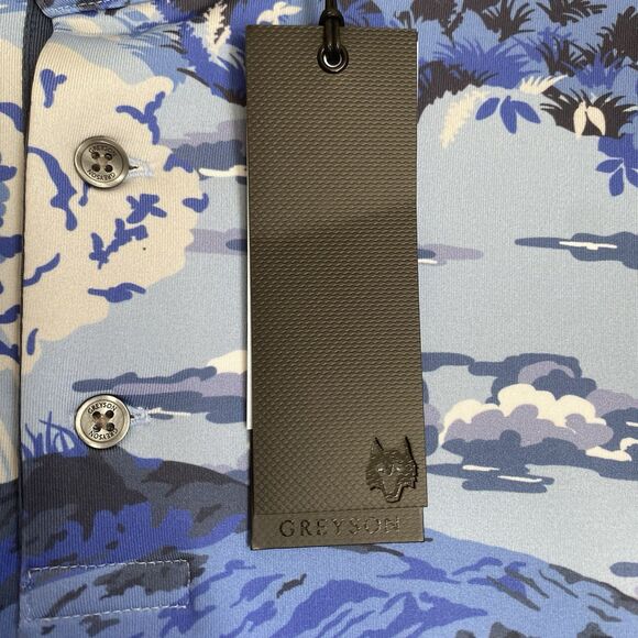 Greyson Polo Shirt Men L Blue Mountains Print Performance Golf Activewear Preppy - Picture 6 of 8